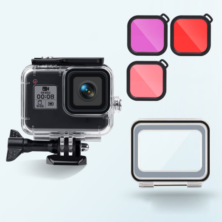 45m Water Resistant Case + Touch Back Cover + Purple Red Pink Lens Filter for GoPro HERO8 Black, Case + Touch Cover + 3-color Filter for GoPro 8