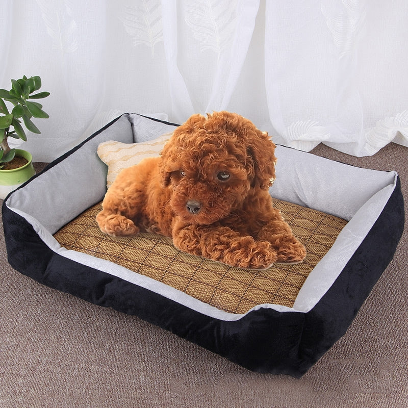 Dog Bone Pattern Big Soft Warm Kennel Pet Dog Cat Mat Blanket, with Rattan Mat Size: L, 80×60×15cm (Black Grey)