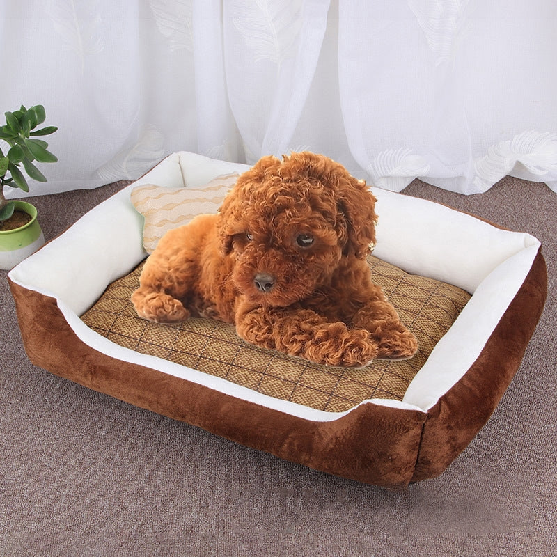 Dog Bone Pattern Big Soft Warm Kennel Pet Dog Cat Mat Blanket, with Rattan Mat Size: XS, 50×40×15cm (Brown White)