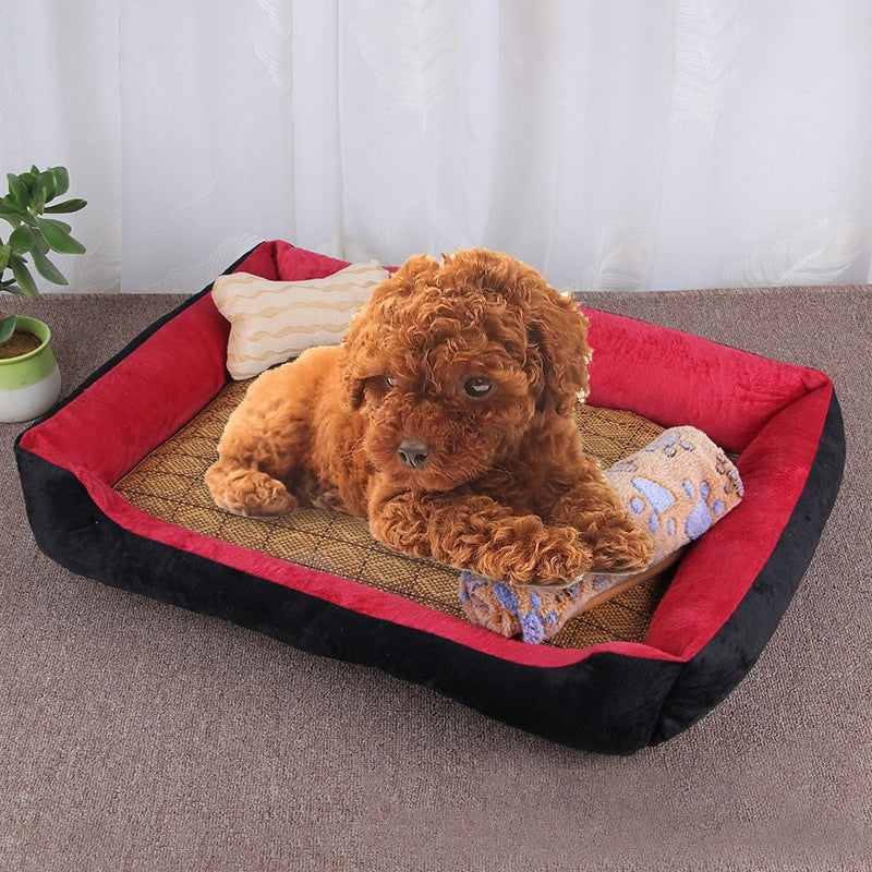 Dog Bone Pattern Big Soft Warm Kennel Pet Dog Cat Mat Blanket, with Rattan Mat & Blanket Size: L, 80×60×15cm(Black Red)