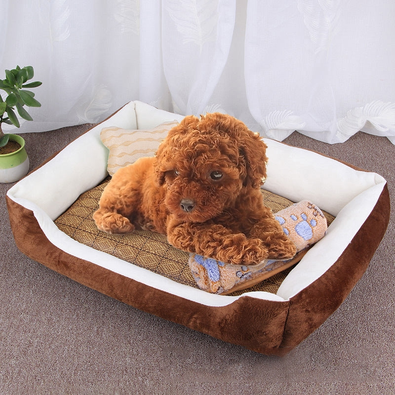 Dog Bone Pattern Big Soft Warm Kennel Pet Dog Cat Mat Blanket, with Rattan Mat & Blanket Size: M, 70×50×15cm (Brown White)