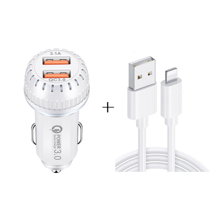 YSY-349 QC3.0 Dual Port USB Car Charger + 3A USB to 8 Pin Data Cable