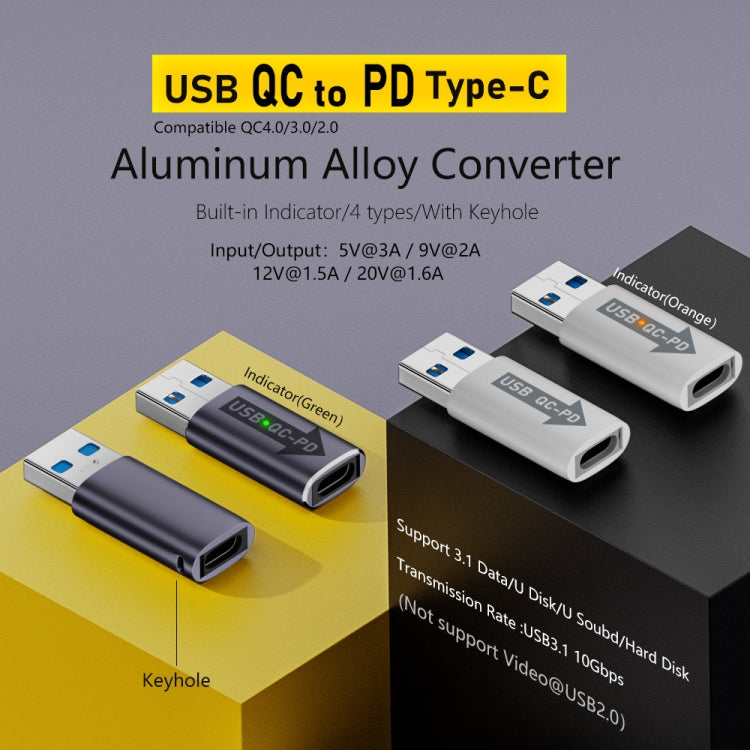 USB-A  Male QC3.1 to Type-C Female PD 10Gbps Converter Adapter, White with Indicator Light, White without Indicator Light, Grey with Indicator Light, Grey without Indicator Light