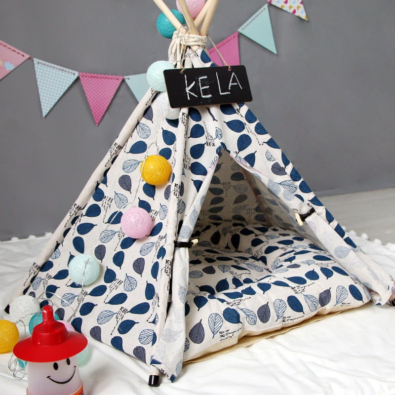 Small And Medium Dog Pet Tent Dog Cat Litter, Specification: Medium 50×50×60cm(Blue Leaves with Cushion)