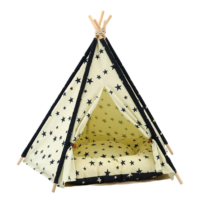 Cotton Canvas Pet Tent Cat and Dog Bed with Cushion, Specification: Medium 50×50×60cm(Beige Navy Star)