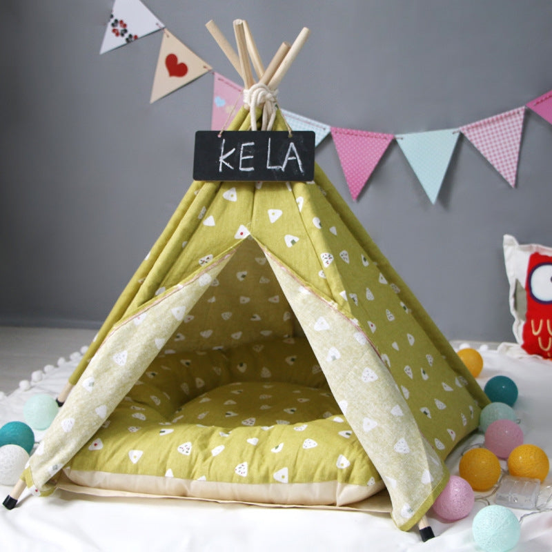 Cotton Canvas Pet Tent Cat and Dog Bed with Cushion, Specification: Large 60×60×70cm(Yellow Triangle)
