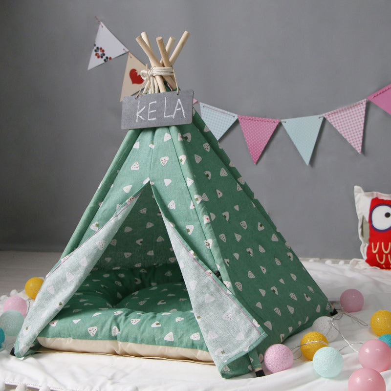 Cotton Canvas Pet Tent Cat and Dog Bed with Cushion, Specification: Large 60×60×70cm(Green Triangle)