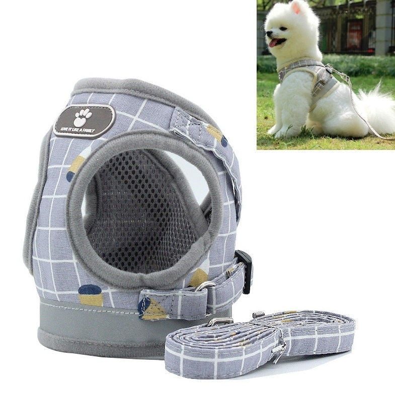 Reflective & Breathable Vest Traction Rope Pet Chest Leash, Size:S(Gray Grid)
