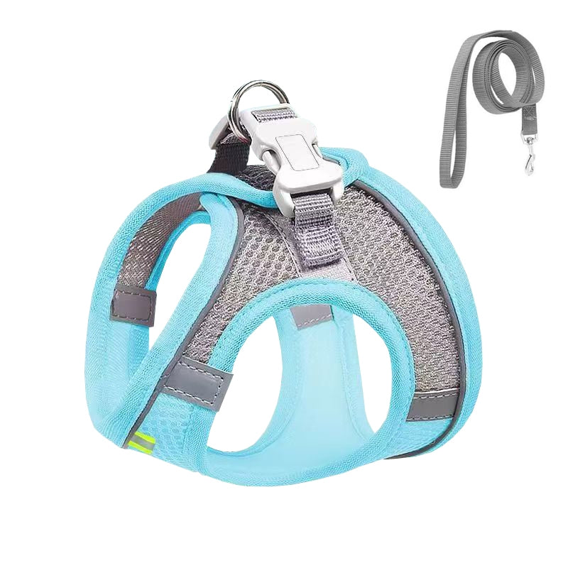 Undershirt Style Pet Chest Harness Summer Breathable Reflective Dog Leash, Style: Blue+1.5m Flat Rope(L)